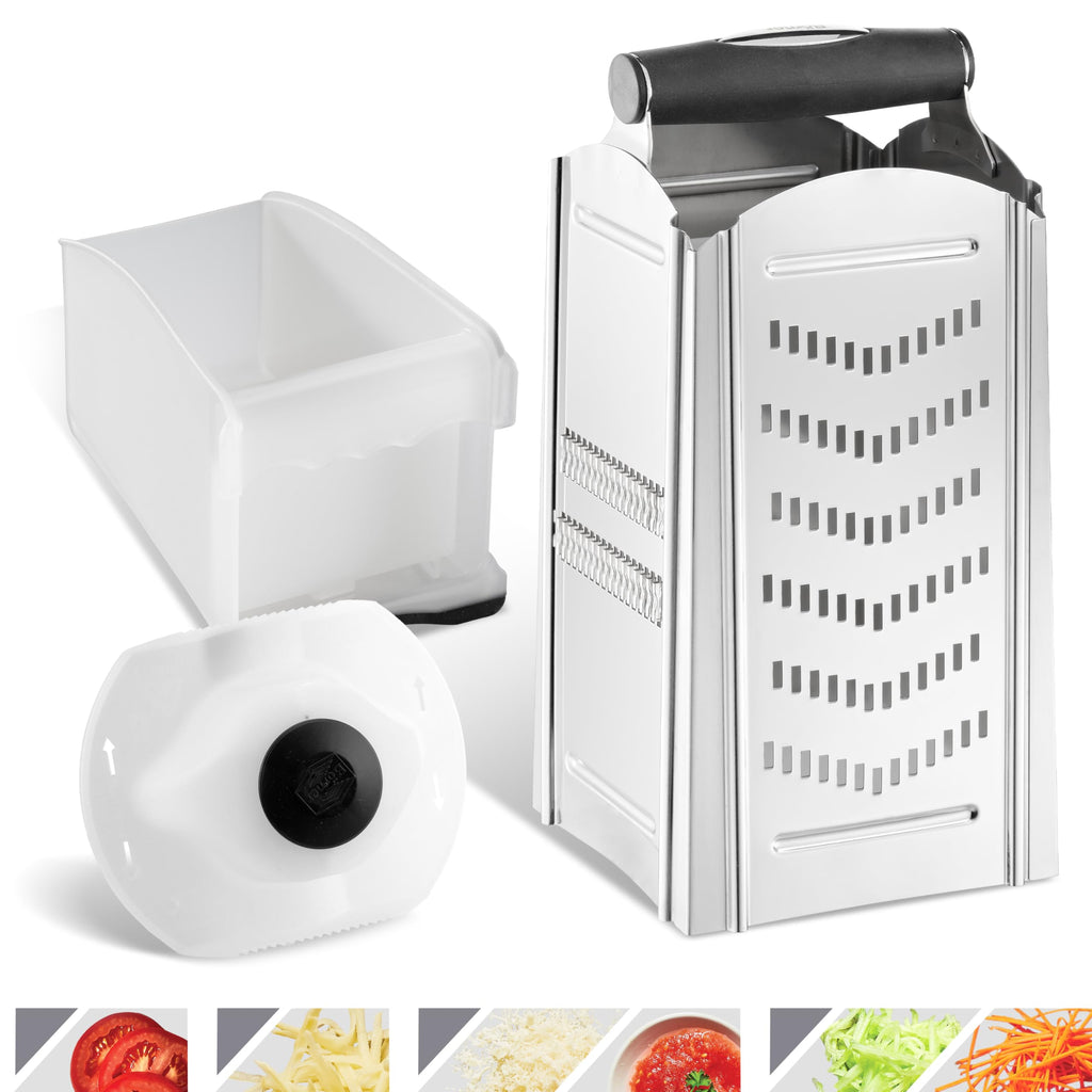 Börner Combi Chef 4-Sided Box Grater with Container • Stainless Steel Square Grater • Ideal as a Parmesan Grater Vegetable Slicer for Zesting & more • 4 Different Cutting Styles