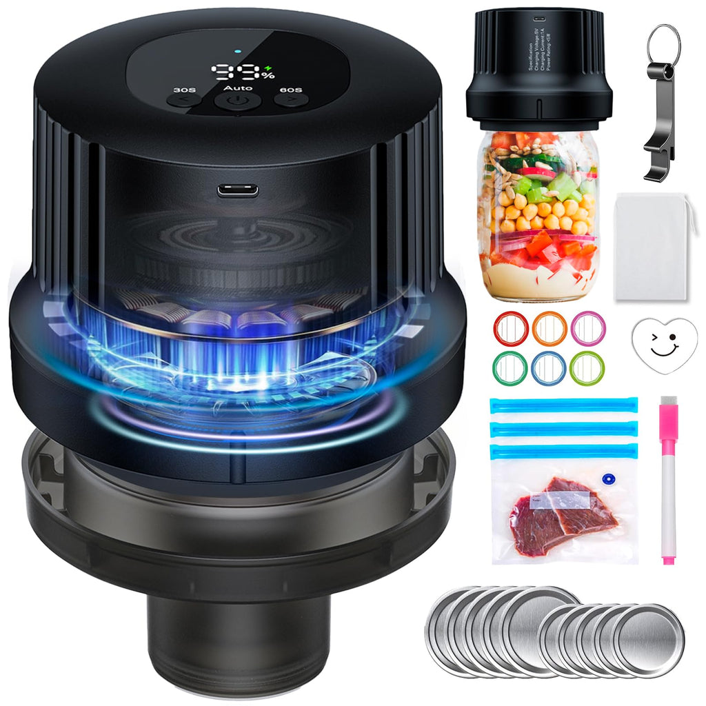 3-in-1 Electric Mason Jar Vacuum Sealer Automatic Mason Jar Sealer Vacuum Seal Jar for Food Storage Mason Jar Vacuum Sealer Kit for Regular and Wide-Mouth Jars and Vacuum Sealer Bags Sous Vide