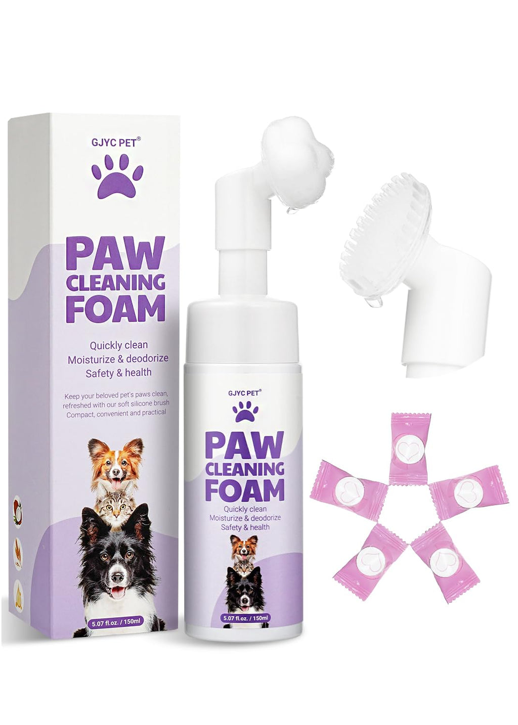 GJYC PET No-Rinse Paw Cleaner Foam-Waterless Paw Cleaner with Enhanced Silicone Scrubber| Natural Plant-Based Magic Foam | No-Rinse Shampoo + 5 Microfiber Compressed Towels Included for Dogs & Cats