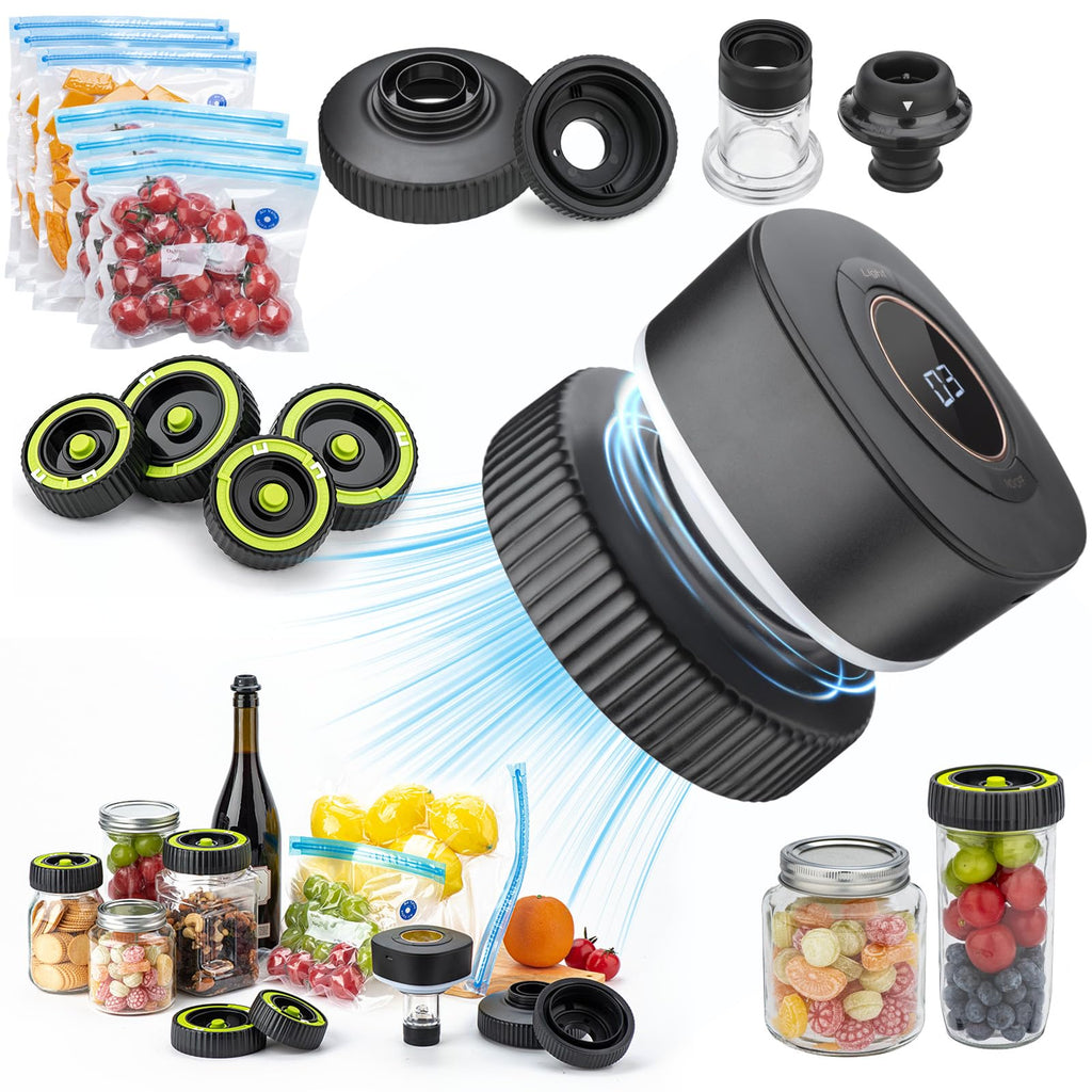 Vacuum Sealer Kit for Mason Jar Auto Stop Electric Food Vacuum Sealer with Reusable Wide & Regular-Mouth Lids + Sealer Bags + Wine Stopper Cordless Vacuum Sealer for Jars Wine Bottle Bags - Black