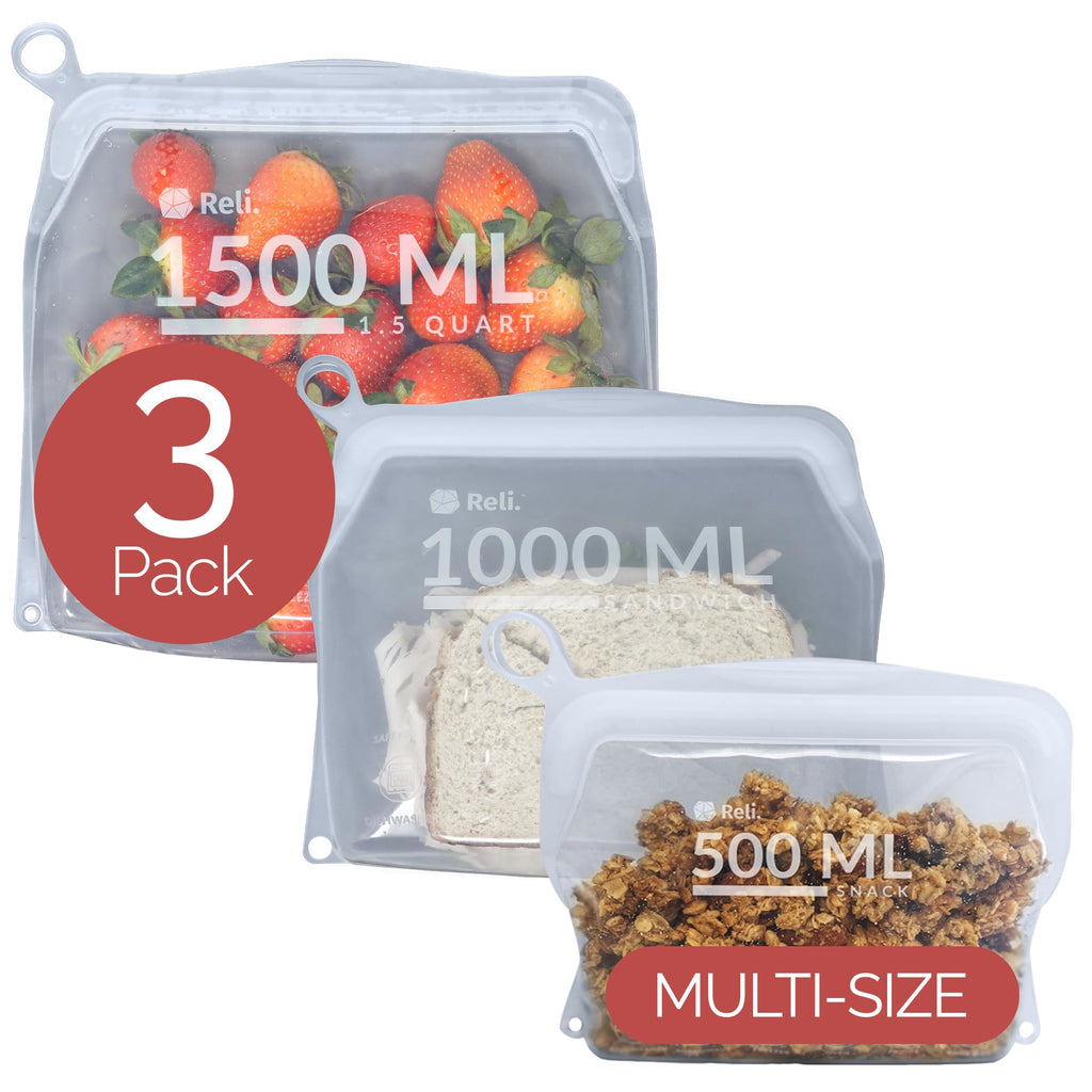Reli. Reusable Silicone Bags (3 Pack Multi-Size) | 1 Snack 1 Sandwich 1 Gallon - Clear | Silicone Bags for Food Storage | Reusable Food Storage Bags for Food Meal Prep | Dishwasher/Freezer Safe