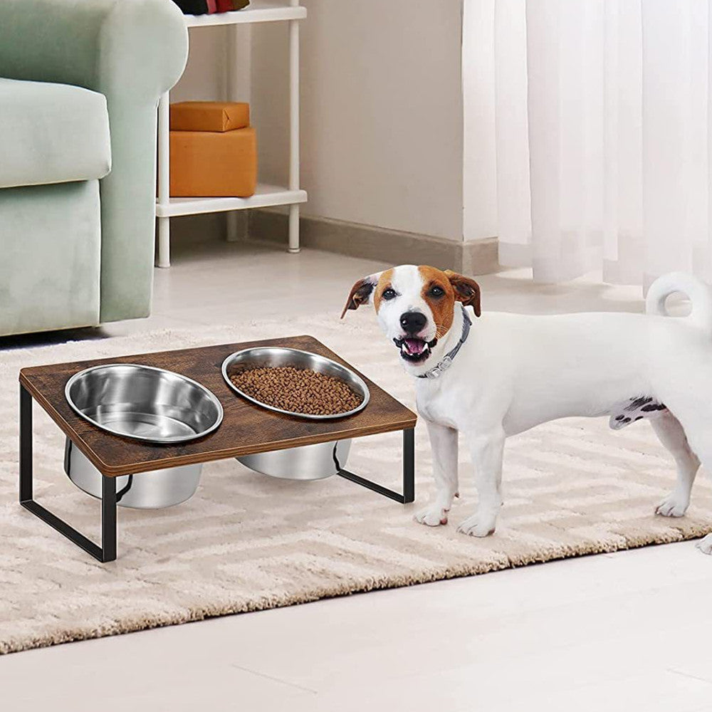 Log Pet Feeding Rack with Iron and Wood Cat Bowl Holder