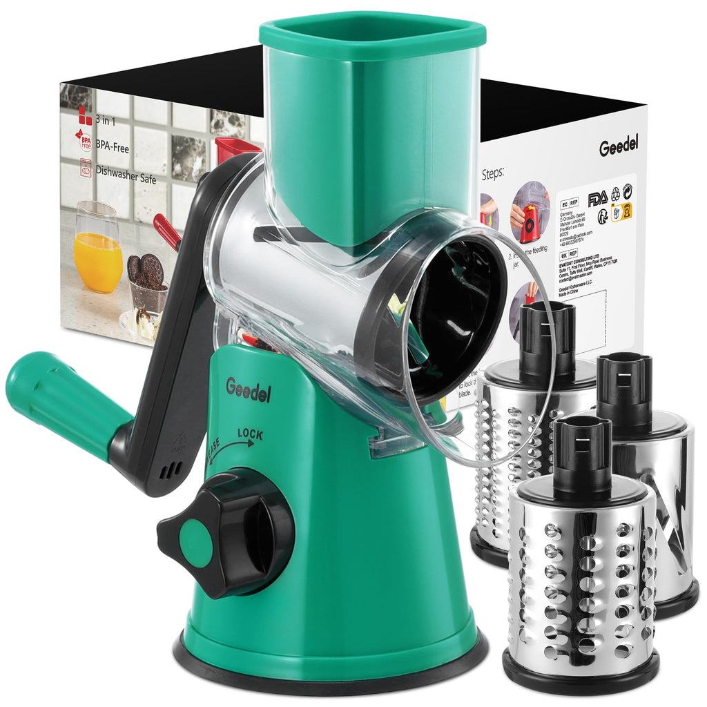Geedel Rotary Cheese Grater with 3 Interchangeable Blades Kitchen Mandoline Vegetable Slicer for Fruit Nuts  Easy to Clean