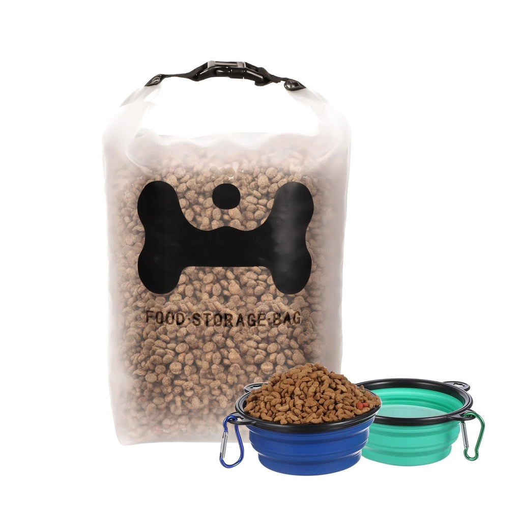 ANVS Silicone Pet Food Storage Bag40-Cup Dog Food Travel Bag with 2PCS Collapsible Dog Travel Bowls Perfect for Camping Trip Dog Boarding Weekend Getaways and Travel